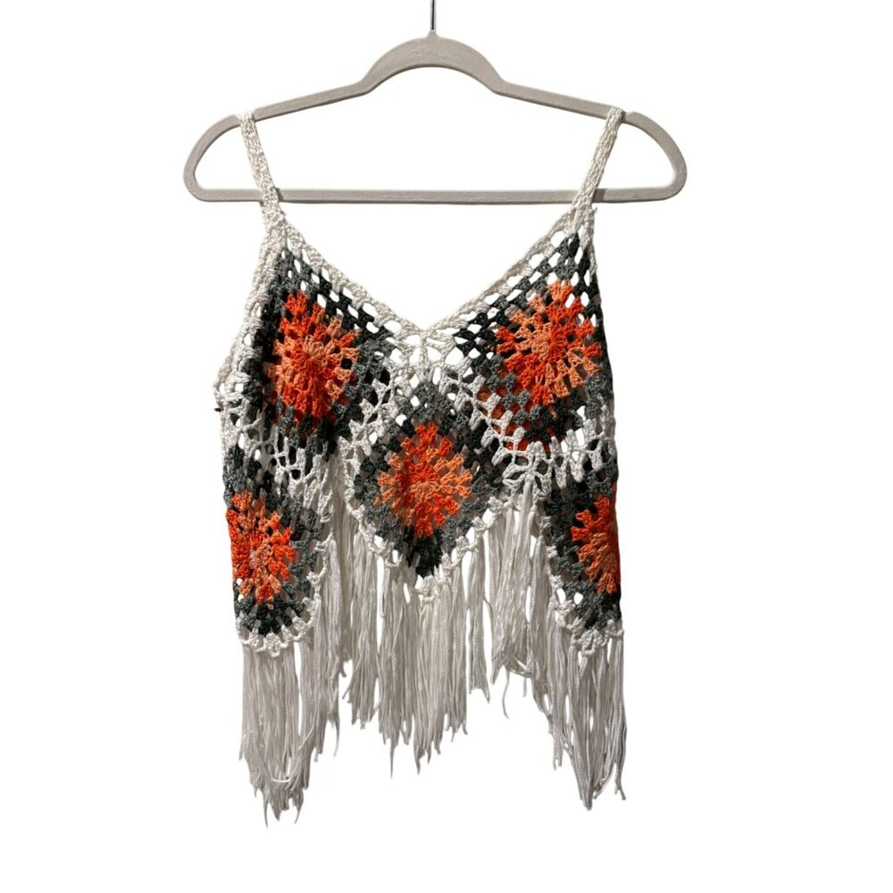 Handmade Crochet Fringe Boho Crop Top With Multicolor Diamond Pattern - Picture 5 of 9